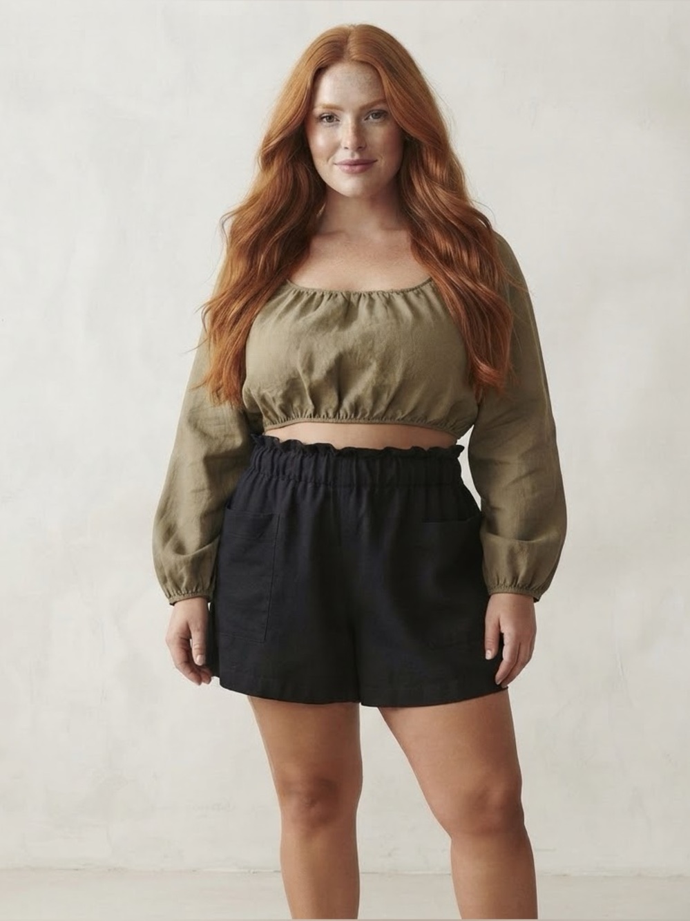 OZMA of California Raw Silk Cropped Gathered Long Sleeve Top Olive Khaki XL